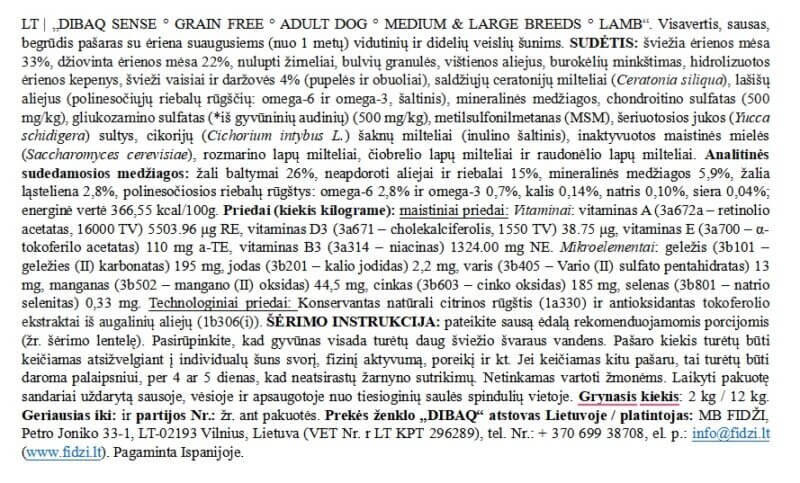 Dibaq SENSE begrūdis sausas šunų maistas su aviena - Image 3